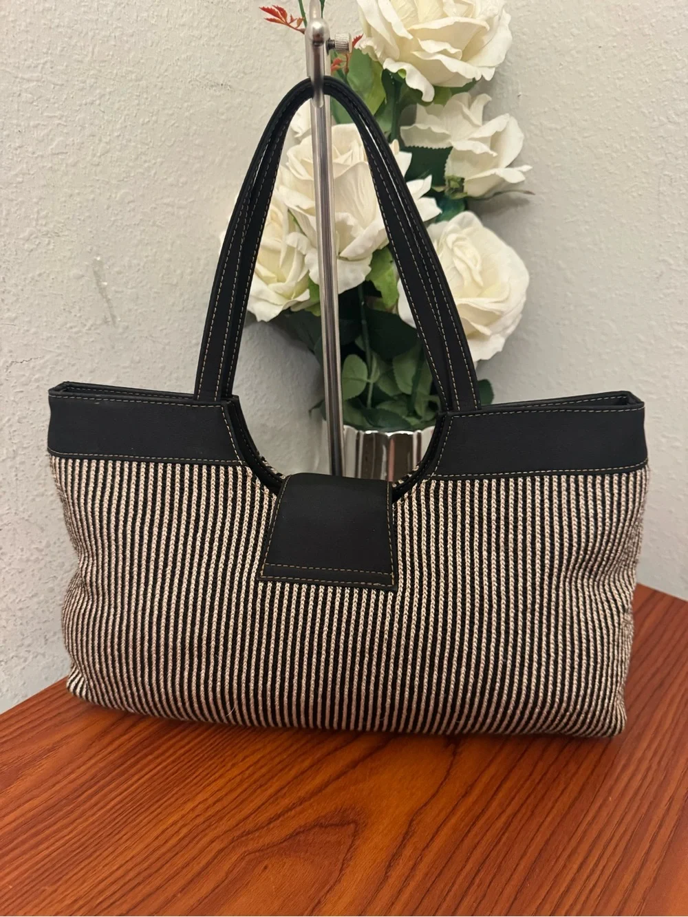 The Sak Striped Tote with Bright Pink Interior and Black Trim